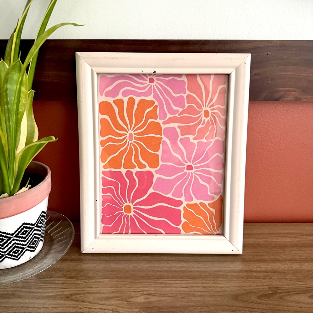 Pink Orange Flower Power Canvas Art Print Framed Bohemian Hippie 70’s Wall Art